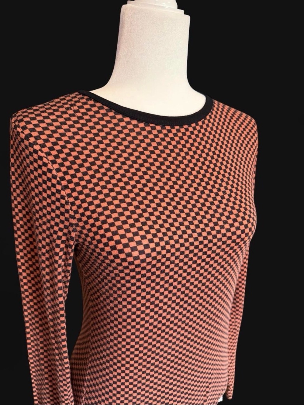 Skater Style Black & Burnt Orange Checkered Long-Sleeve Women's Top